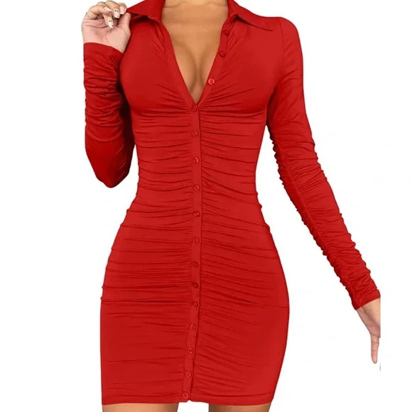Dresses | Red Slinky Button Down Dress | Poshmark